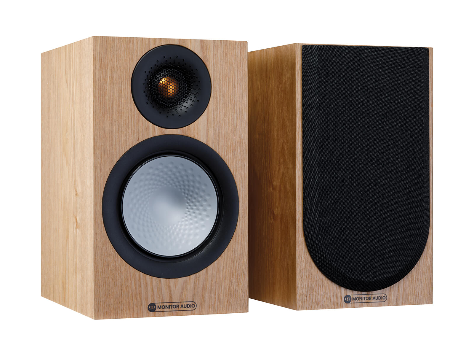 A pair of Monitor Audio's Silver 50 7G, in an ash finish, iso view, with and without grilles.