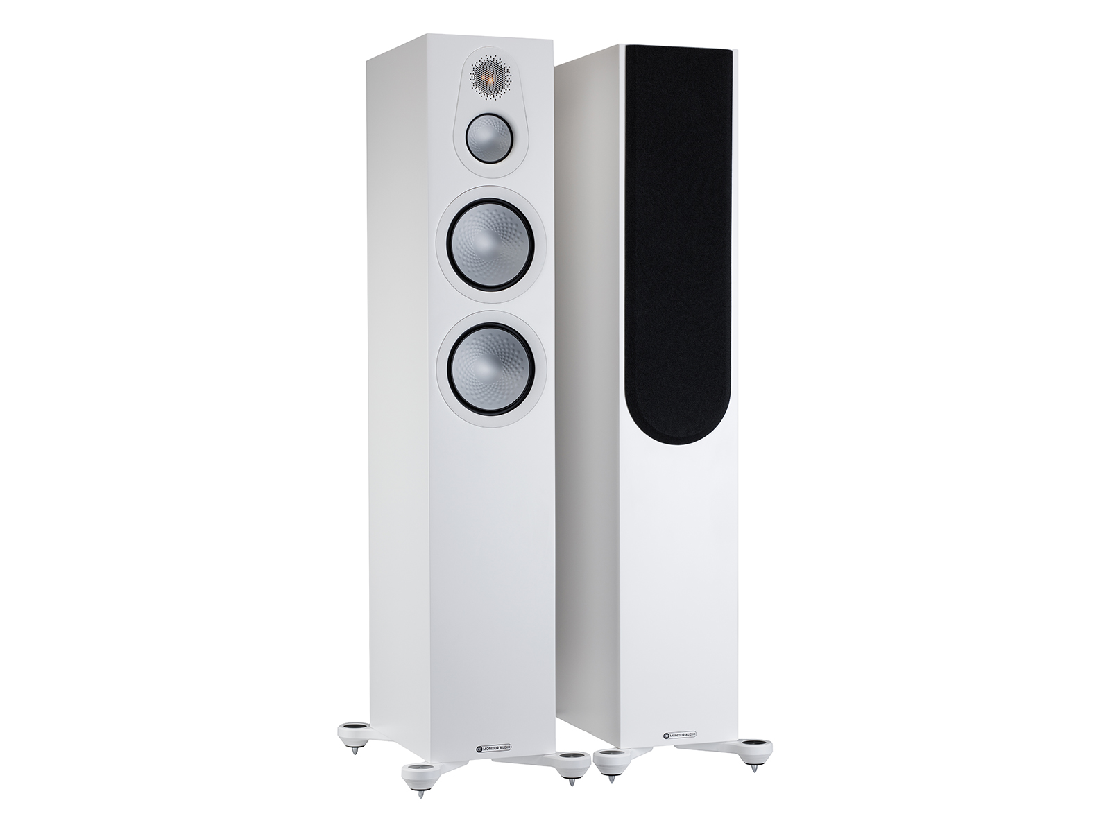 A pair of Monitor Audio's Silver 300 7G, in a satin white finish, iso view, with and without grilles.
