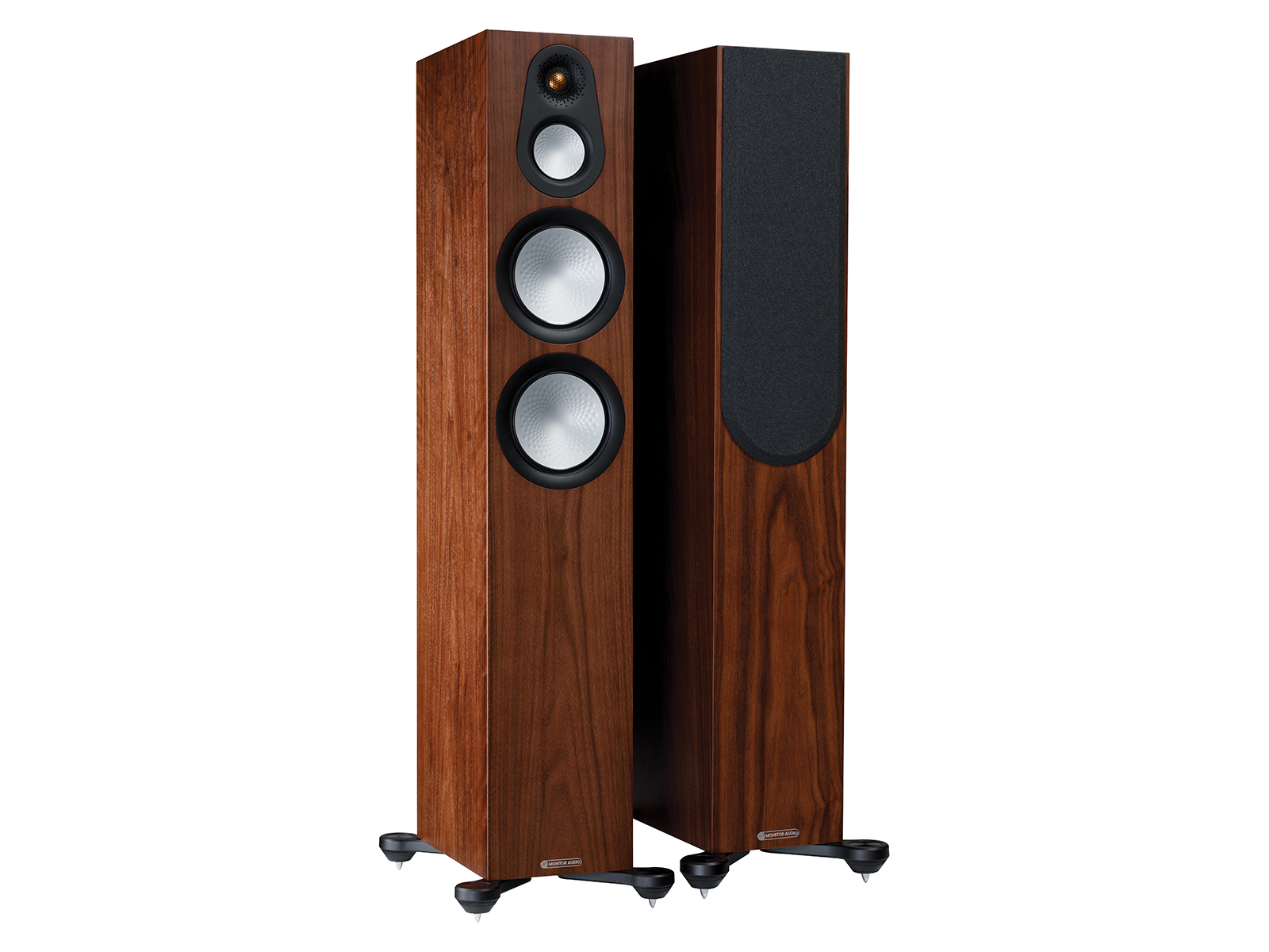 A pair of Monitor Audio's Silver 300 7G, in a natural walnut finish, iso view, with and without grilles.