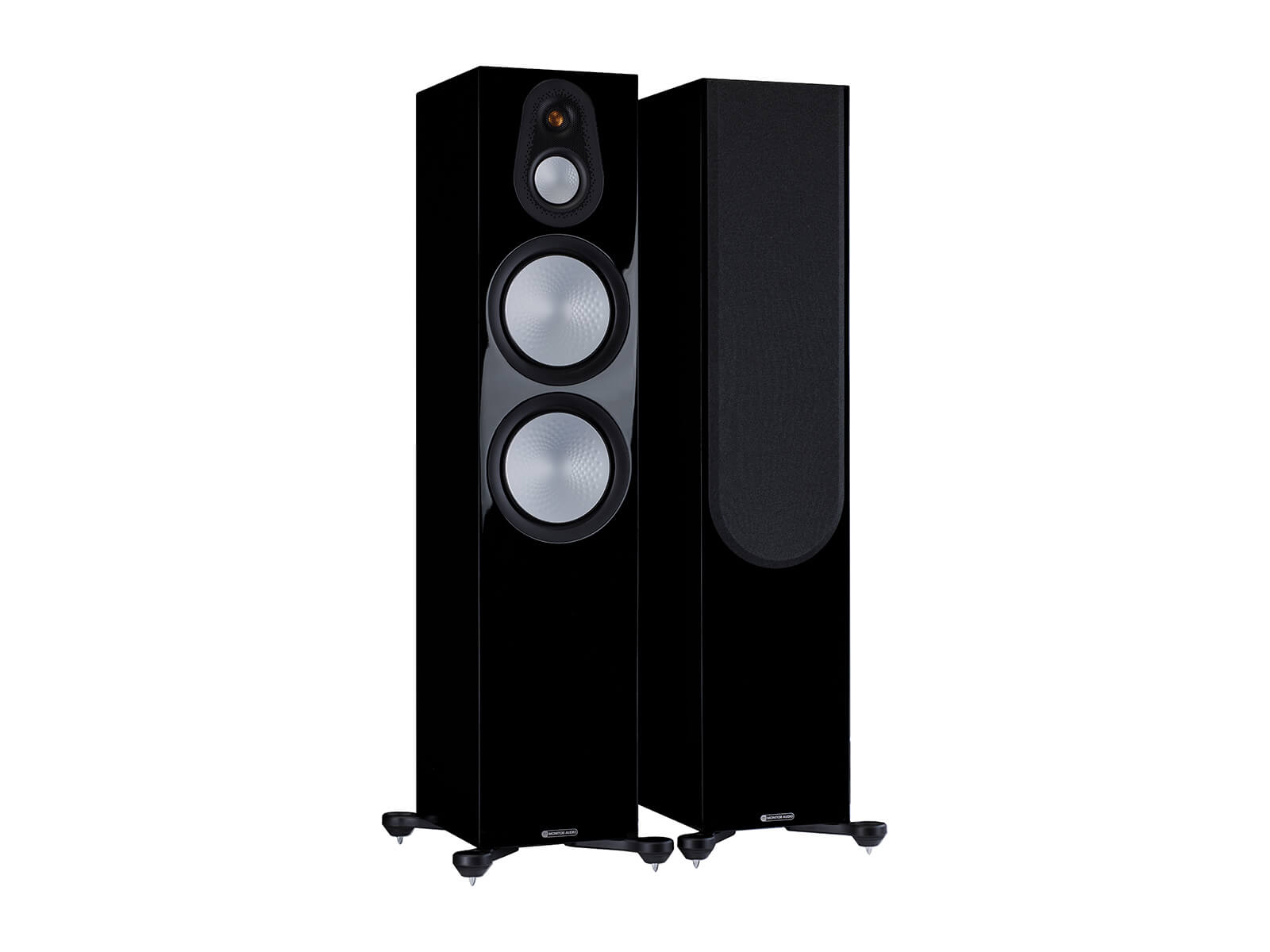 A pair of Monitor Audio's Silver 500 7G, in a high gloss black finish, iso view, with and without grilles.