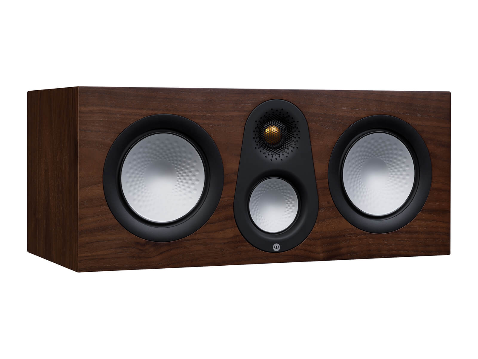 Monitor Audio's Silver C250 7G, in a natural walnut finish, iso view, without grille.