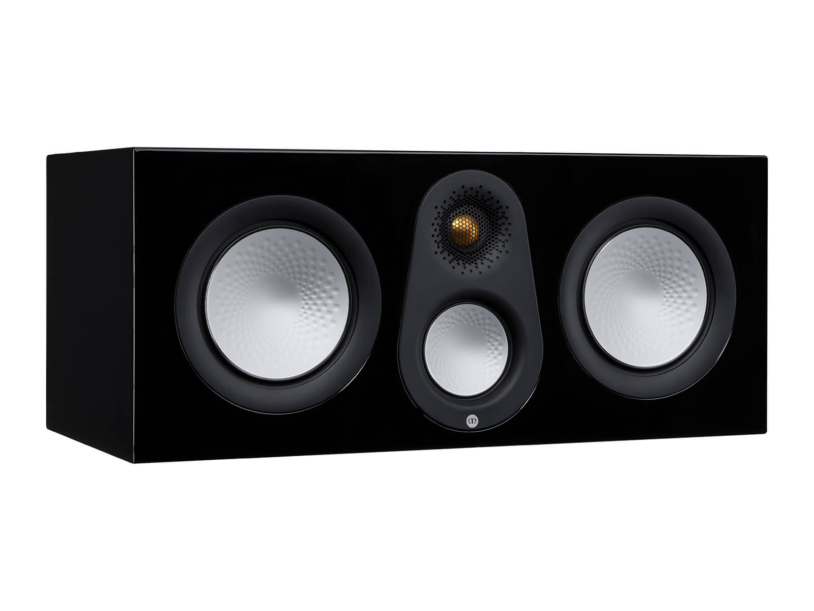 Monitor Audio's Silver C250 7G, in a high gloss black finish, iso view, without grille.