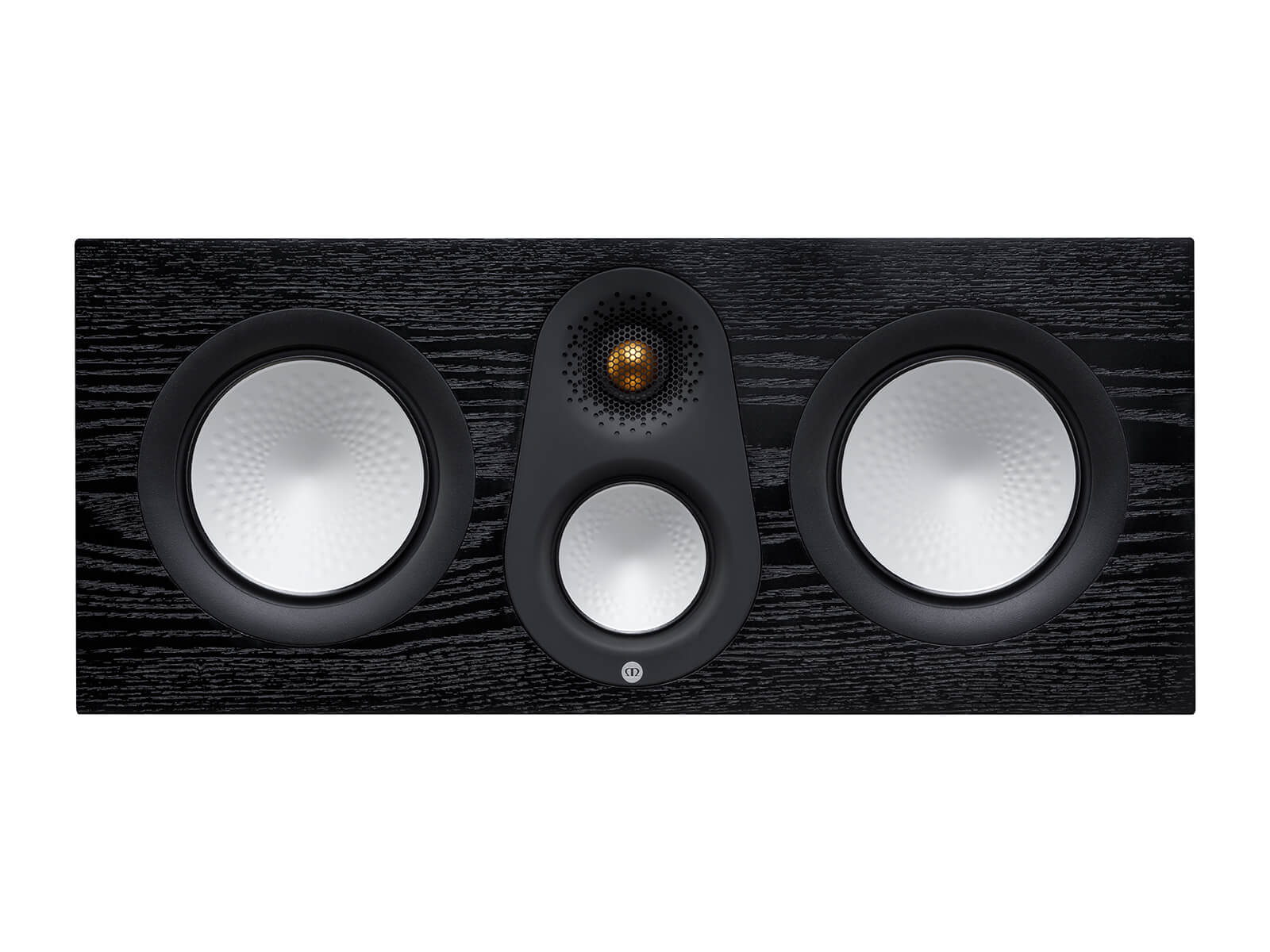 Monitor Audio's Silver C250 7G, in a high gloss black finish, front view, without grille.