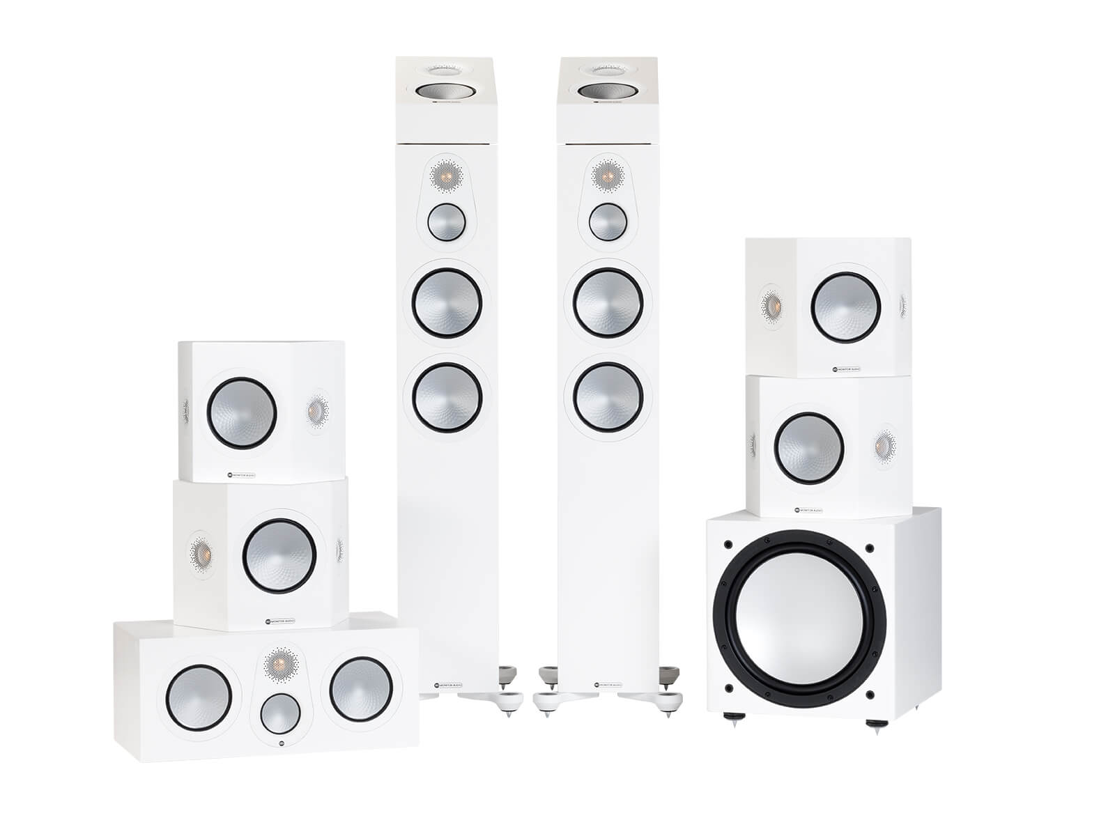 Setup of Monitor Audio's Silver 300 7G Dolby Atmos® Cinema 7.1.2, in a satin white finish, without grilles.