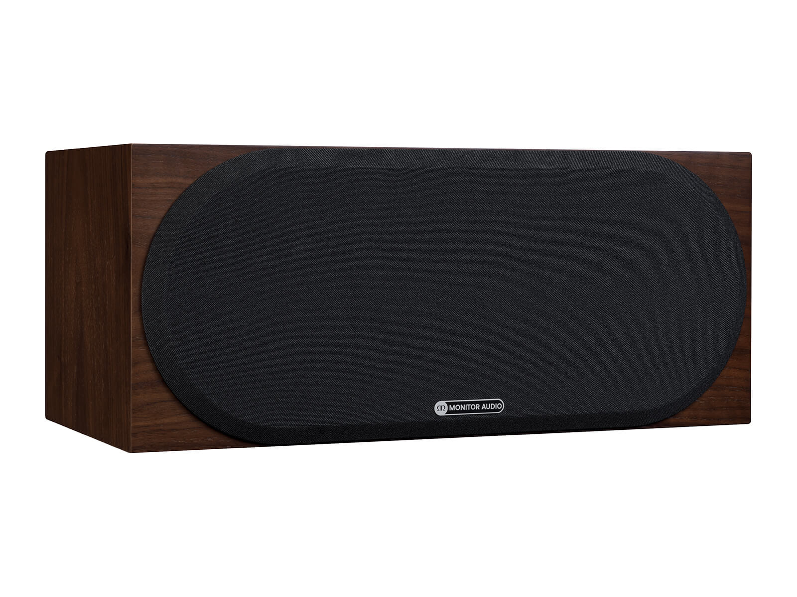 Monitor Audio's Silver C250 7G, in a natural walnut finish, iso view, with grille.